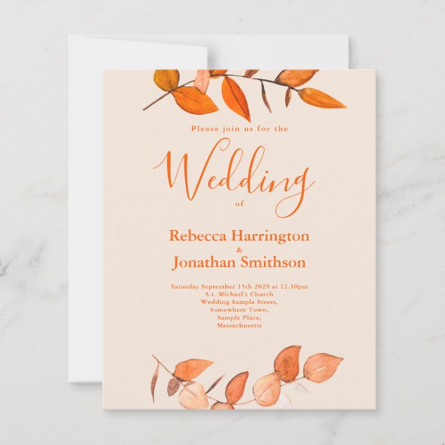 Budget Burnt Orange Leaf Wedding RSVP Invitation (Front)