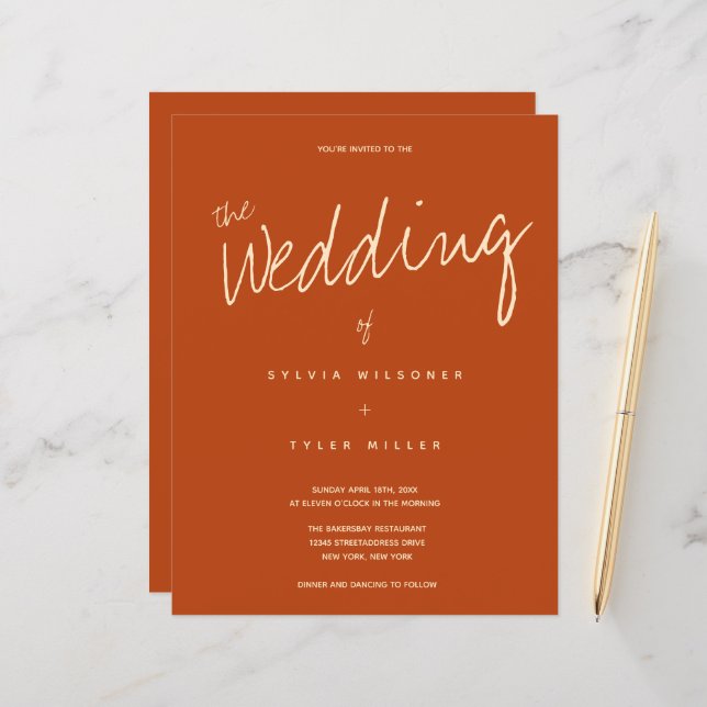 Budget Burnt Orange Typography Wedding Invitation (Front/Back In Situ)