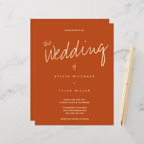 Budget Burnt Orange Typography Wedding Invitation