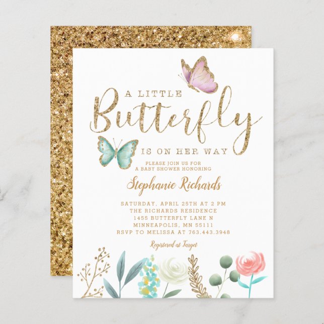 Budget Butterfly Garden Gold Baby Shower Invite (Front/Back)