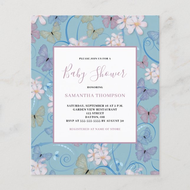Budget Butterfly Girl Baby Shower Invitation Flyer (Front)