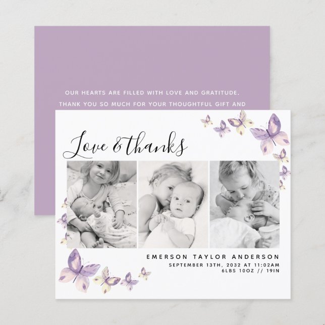 Budget Butterfly Photo Baby Thank You Card (Front/Back)