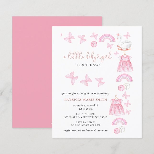 Budget Butterfly Pink Girl Baby Shower Invite (Front/Back)