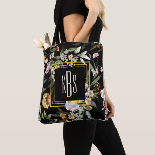 Budget Buy Monogram Watercolor Art Florals Black Tote Bag