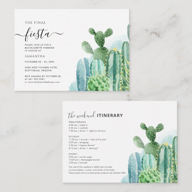 Budget Cacti Bachelorette Weekend with Itinerary Note Card (Front/Back)