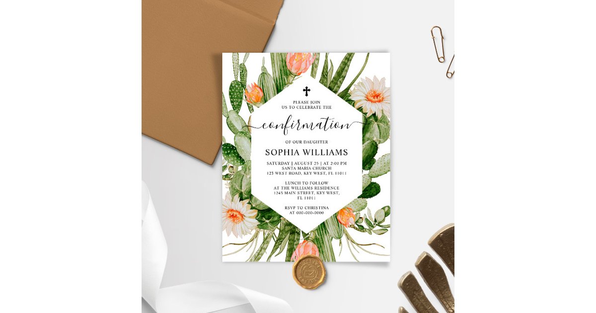 Budget Cactus Flower Frame Confirmation Invitation | Zazzle
