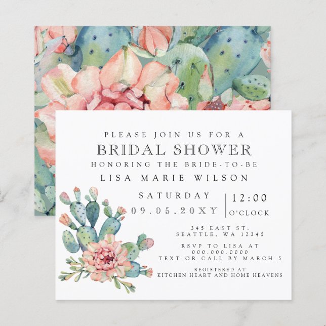 Budget Cactus Rose Bridal Shower Invitation (Front/Back)