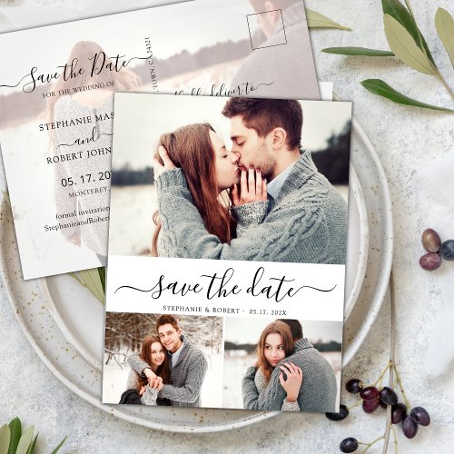 Budget Calligraphy 3 Photo Collage Save The Date Announcement Postcard