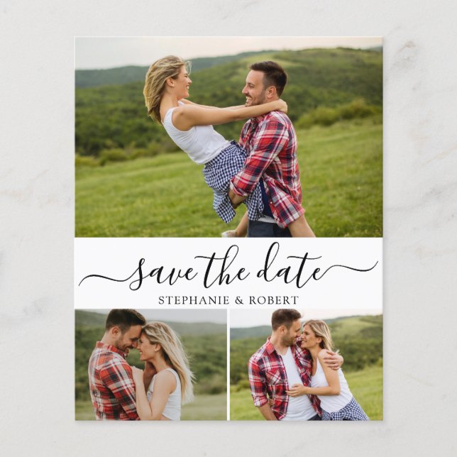 Budget Calligraphy 3 Photo Collage Save The Date Flyer (Front)