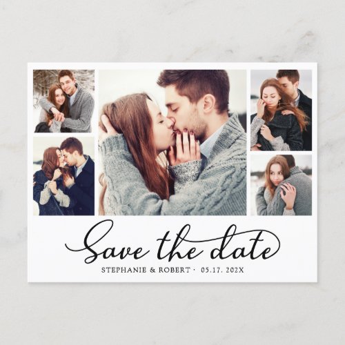 Budget Calligraphy 5 Photo Collage Save The Date Announcement Postcard