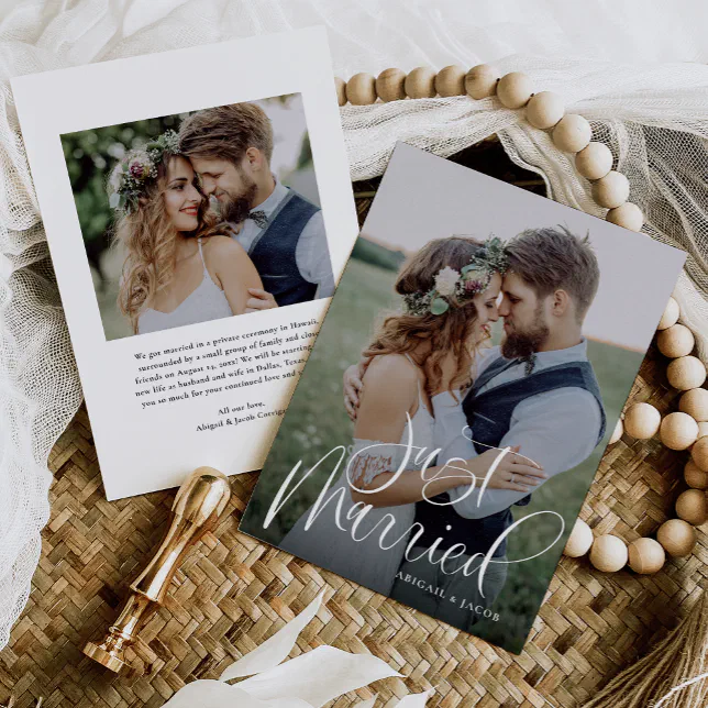 Budget Calligraphy Just Married Wedding Photo Announcement
