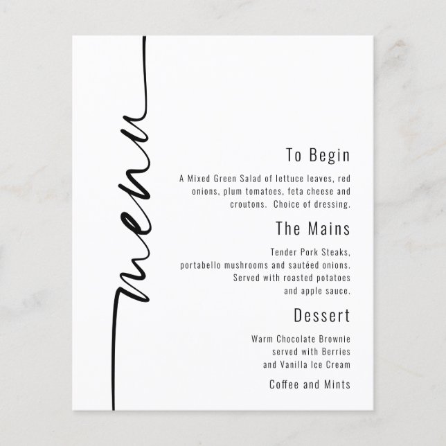 Budget Calligraphy Minimalist Wedding Menu (Front)
