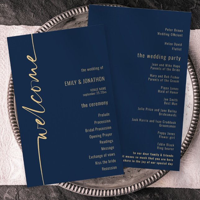BUDGET Calligraphy Navy Gold Wedding Program (Creator Uploaded)