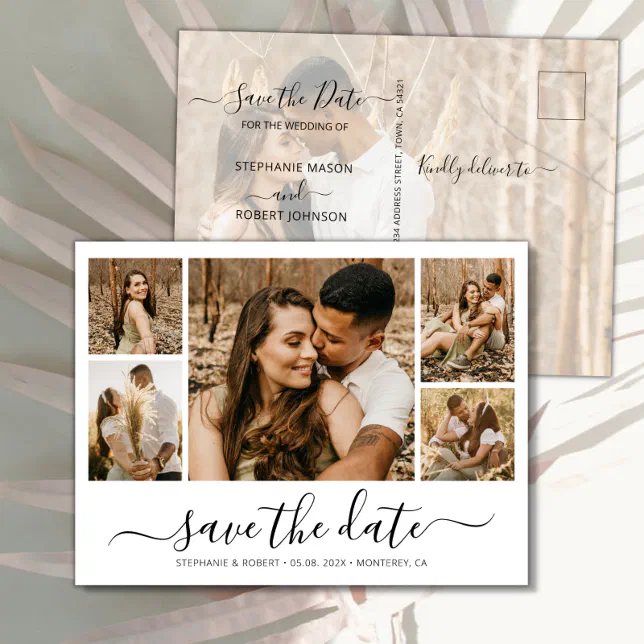 Budget Calligraphy Photo Collage Save The Date Announcement Postcard ...