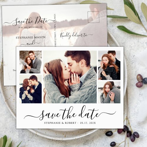 Budget Calligraphy Photo Collage Save The Date Announcement Postcard