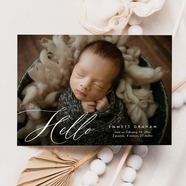 Budget Calligraphy Script Hello Photo Baby Birth Announcement (Creator Uploaded)