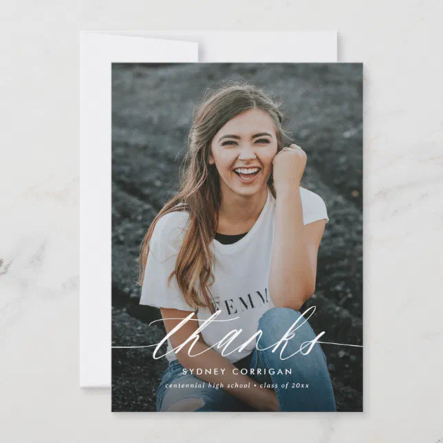 Budget Calligraphy Script Two Photo Graduation Thank You Card | Zazzle