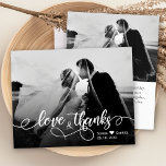 Budget Calligraphy Script Wedding Thank You Card<br><div class="desc">Budget Modern Hand Lettered Wedding "Love and Thanks" Calligraphy Script Photo Thank You personalized affordable low budget thin card. Modern Stylish wedding thank you template featuring a full horizontal photo on the front with overlay text "Love and Thanks" in a swirly hand written typography script font with swashes in white...</div>