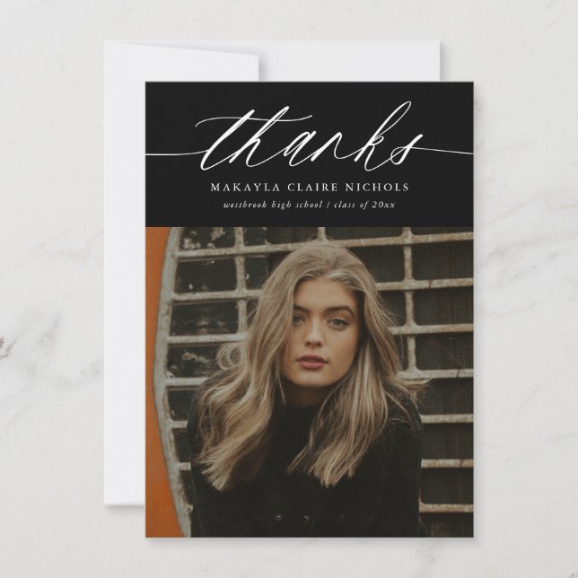 Budget Calligraphy Two Photo Black Graduation Thank You Card (Front)