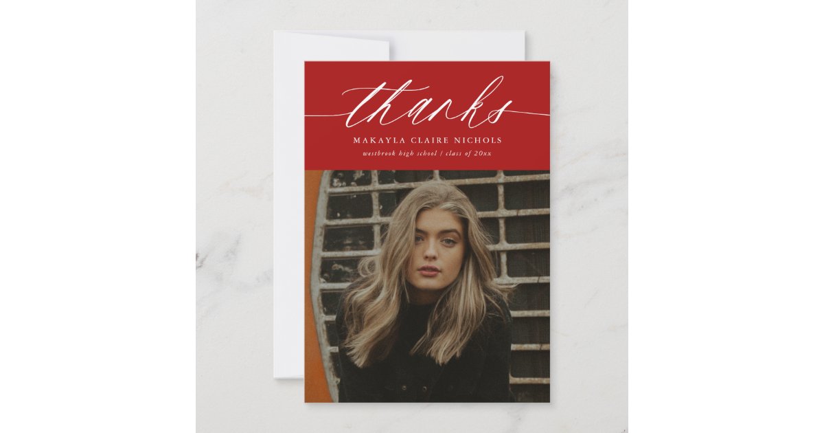 Budget Calligraphy Two Photo Red Graduation Thank You Card | Zazzle