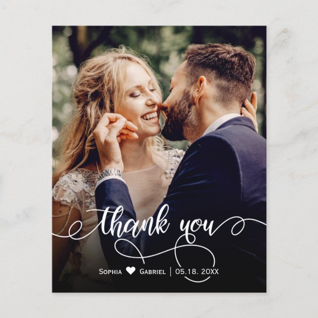 Budget Calligraphy Wedding Photo Thank You Card (Front)