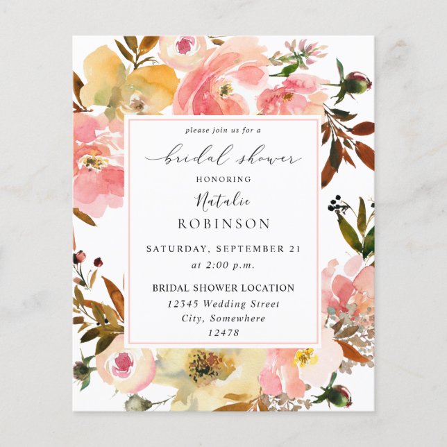 Budget Candy Pink & Yellow Floral Bridal Shower Flyer (Front)