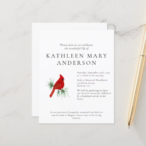 BUDGET Cardinal Celebration of Life Invitation