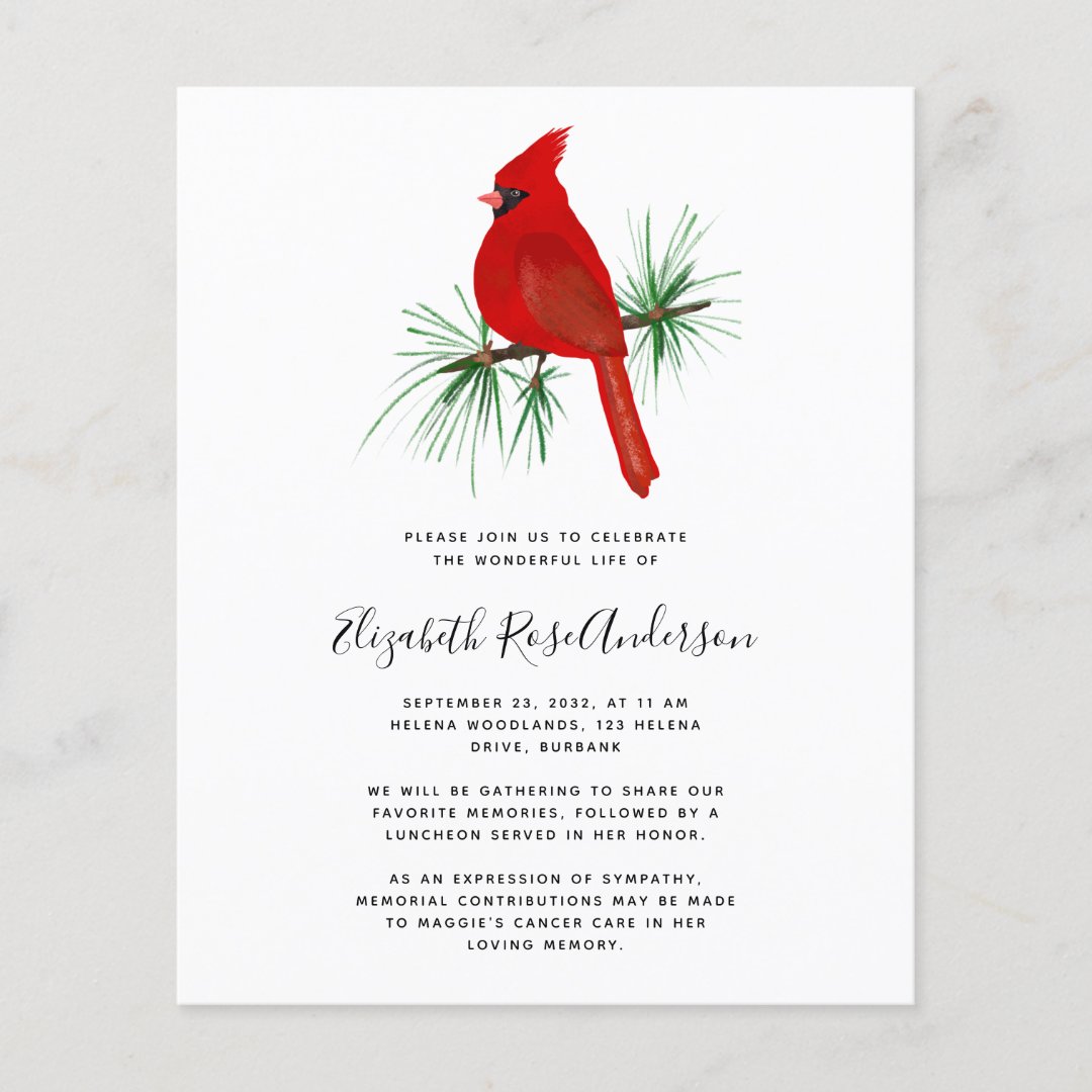 BUDGET Cardinal Celebration of Life Invitation | Zazzle