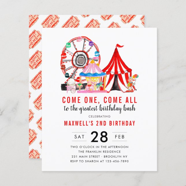 Budget Carnival Circus Show Birthday Invitation (Front/Back)