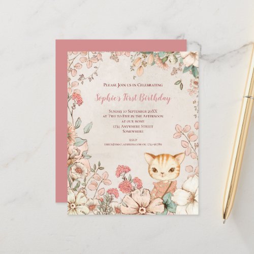 Budget Cat Floral 1st Birthday Girl Invitation