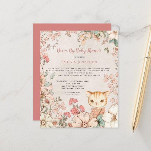 Budget Cat Floral Drive By Baby Shower Invitation