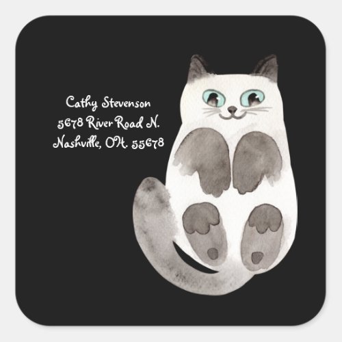 Budget Cat Watercolor Typography Return Address Sq Square Sticker