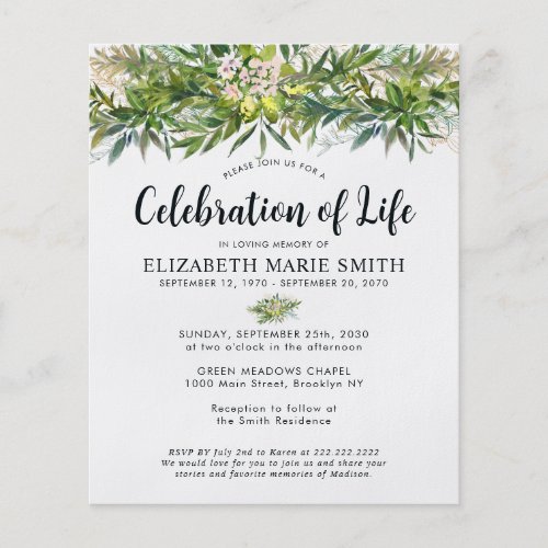 Budget Celebration of Life Greenery Leaves Funeral Flyer