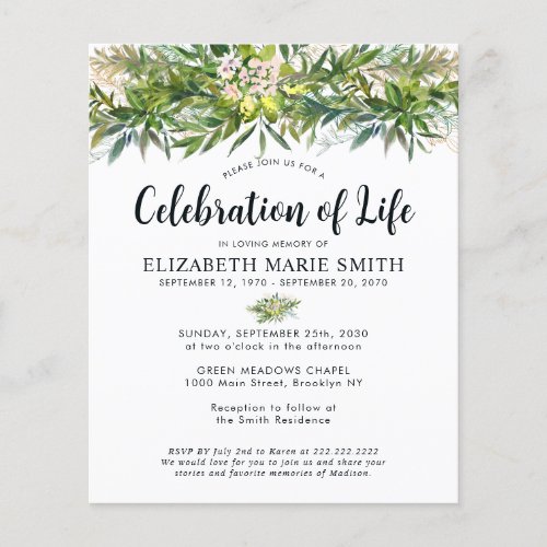Budget Celebration of Life Greenery Leaves Funeral Flyer