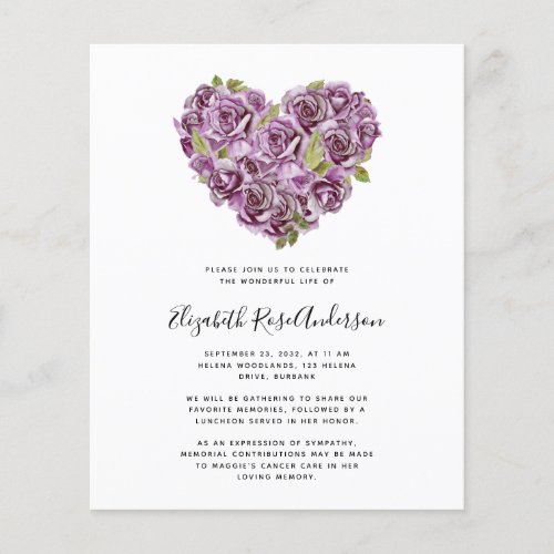 BUDGET Celebration of Life Invitation  Hydrangea 