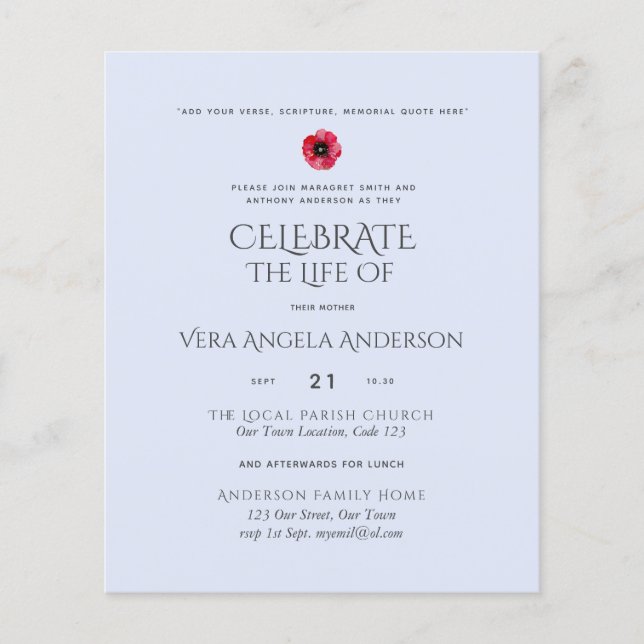 Budget Celebration of Life Memorial Funeral Invite (Front)