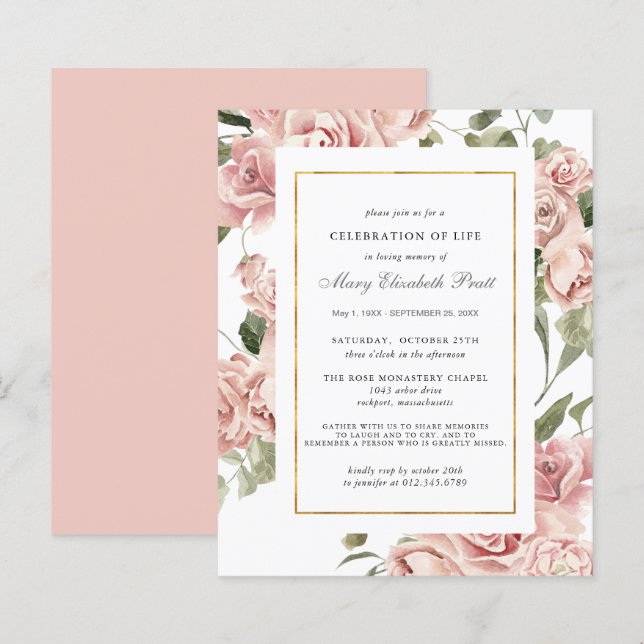 Budget Celebration of Life Pink Floral Invitation (Front/Back)