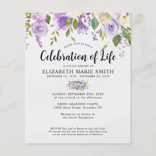 Budget Celebration of Life Purple Floral Funeral  Flyer