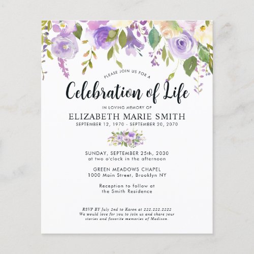 Budget Celebration of Life Purple Floral Funeral  Flyer