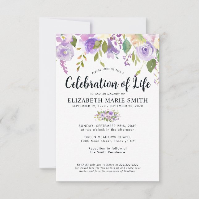 Budget Celebration of Life Purple Floral Funeral  Note Card (Front)