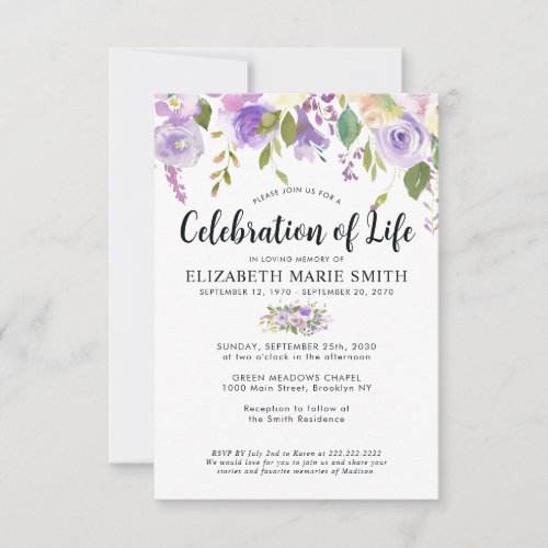 Budget Celebration of Life Purple Floral Funeral  Note Card