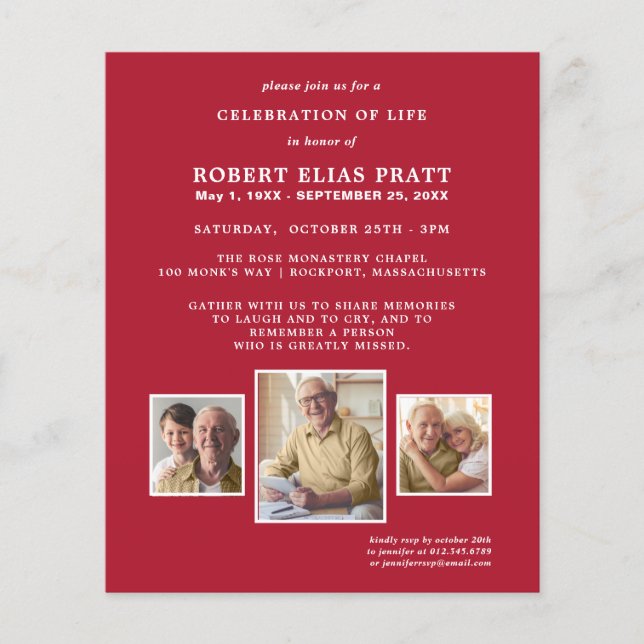 Budget Celebration of Life Red Photo Invitation (Front)