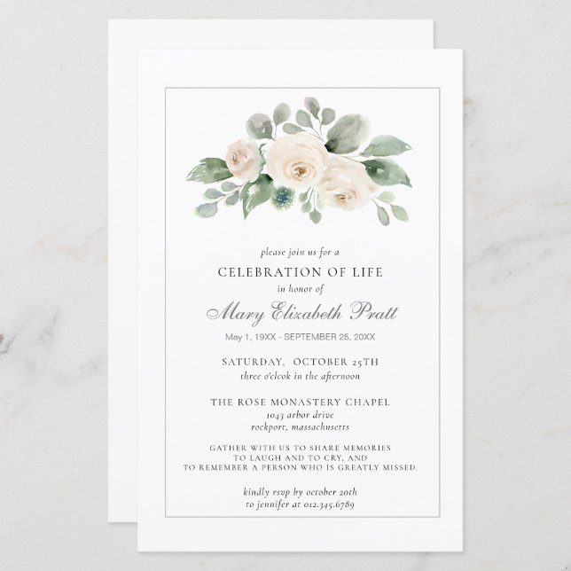 Budget Celebration of Life White Floral Invitation (Front/Back)