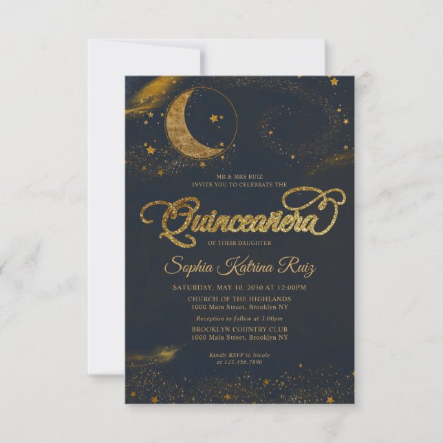 Budget Celestial Blue Gold Star Moon Quinceanera Note Card (Front)
