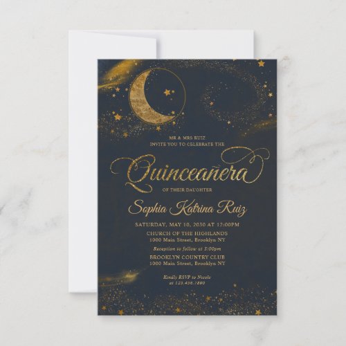 Budget Celestial Blue Gold Star Moon Quinceanera Note Card