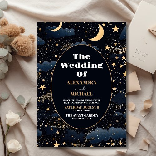 Budget Celestial Midnight Blue Stars Moon Wedding