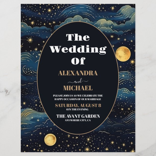 Budget Celestial Midnight Blue Stars Moon Wedding Flyer (Front)