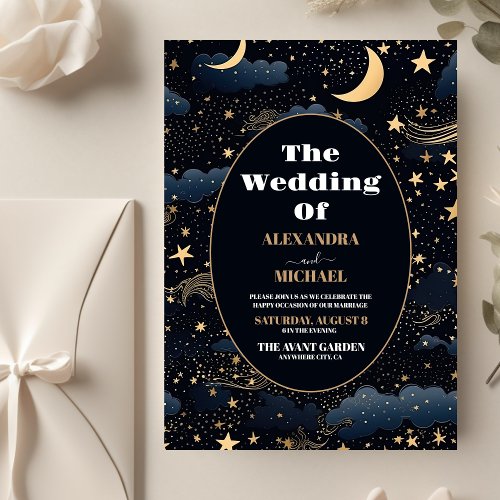 Budget Celestial Midnight Blue Stars Moon Wedding Flyer