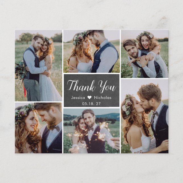 Budget Chalkboard Collage Wedding Thank You Card (Front)