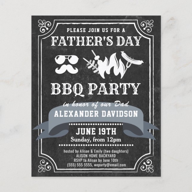 BUDGET Chalkboard Father's Day BBQ Party Invite Flyer (Front)